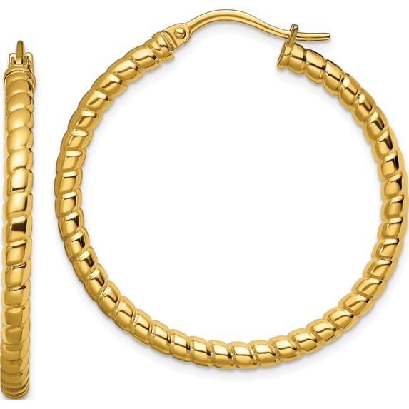 Stainless Steel Polished & Textured Yellow Ip-Plated Hollow Hoop Earrings (35 X 35) Made In China sre648
