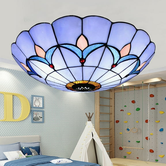 Loyalheartdy 12" Vintage Tiffany Style Pendant Lamp Stained Glass Chandelier Flush Mount Flower Ceiling Light E27