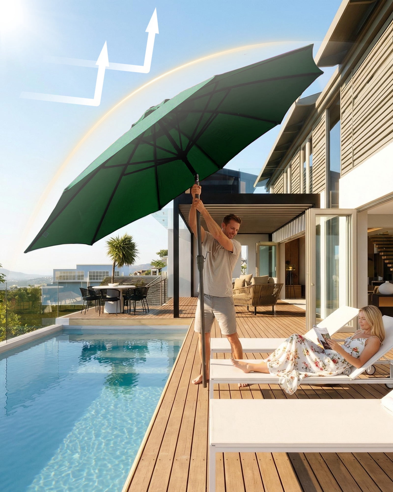 SOLLED 10FT Patio Umbrella with Push Button Tilt & Crank, Outdoor Market Table Umbrella with 8 Ribs for Garden Backyard Deck Pool,Dark Green