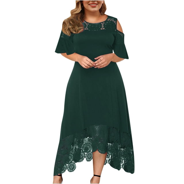 LSLJS Plus Size Women Sexy Ruffle Strapless Splicing Lace Splicing Short Sleeve Dresses, Plus Size Dress