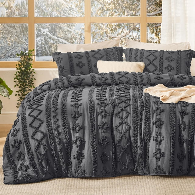 Juego de edredón Bedsure, estilo bohemio, tamaño queen, gris oscuro, 3 piezas