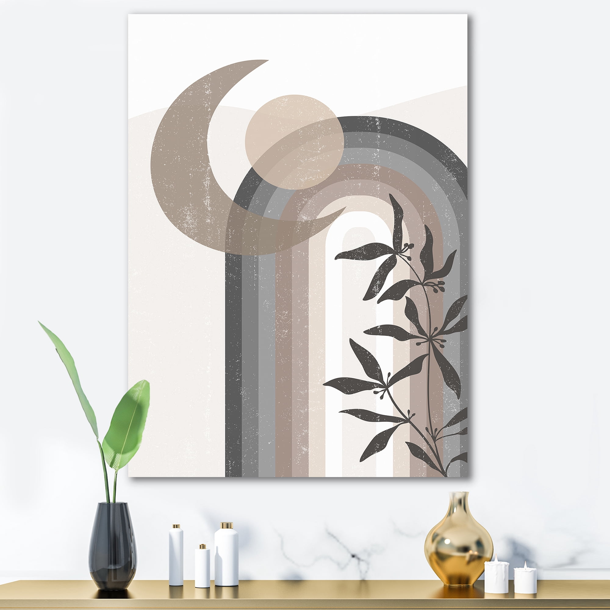 Designart ' Abstract Moon and Sun In Gray and Blue ' Modern Canvas Wall Art Print