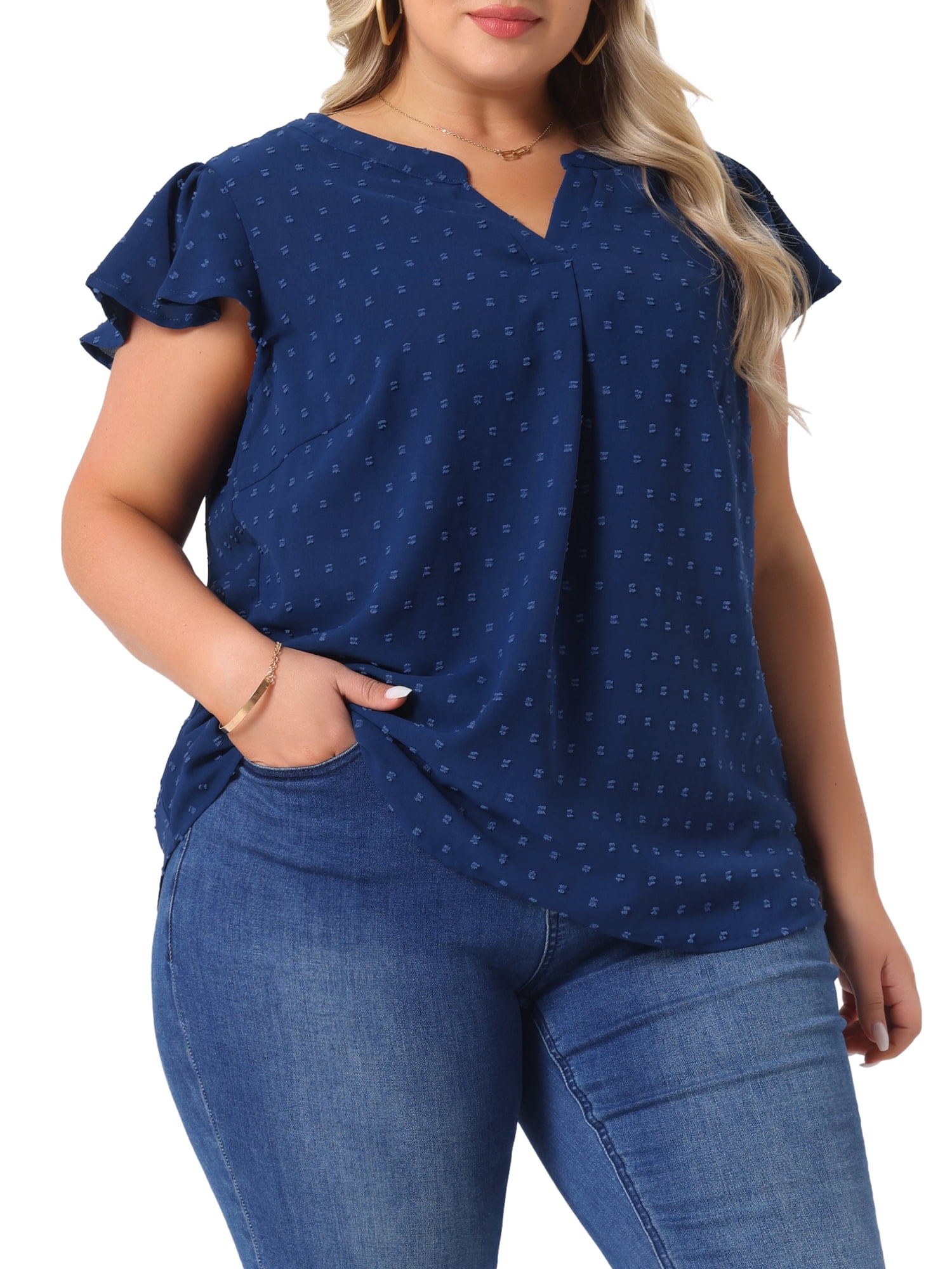 DARING DIVA Women's Plus Swiss Dots Notched Neck Ruffle Sleeve Top 4X Dark Blue