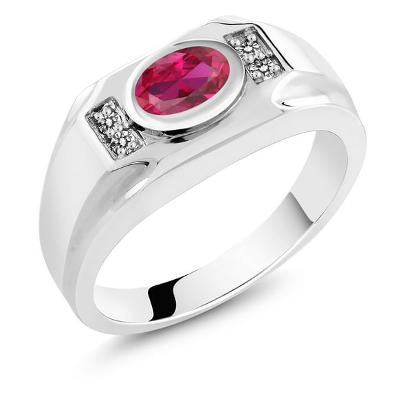 Gem Stone King Men's 925 Sterling Silver Red Created Ruby and White Diamond Ring (1.68 Cttw, Gemstone July Birthstone, Oval 8X6MM,, Size 10)