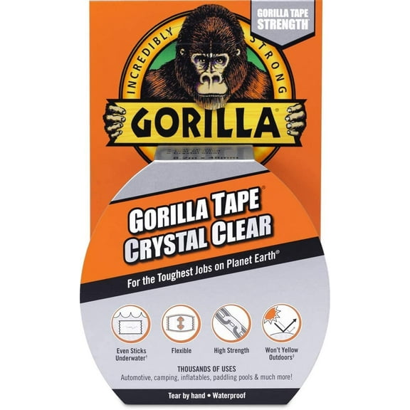 Gorilla Crystal Clear Duct Tape, 1.88 x 9 yd, Clear, Pack of 1