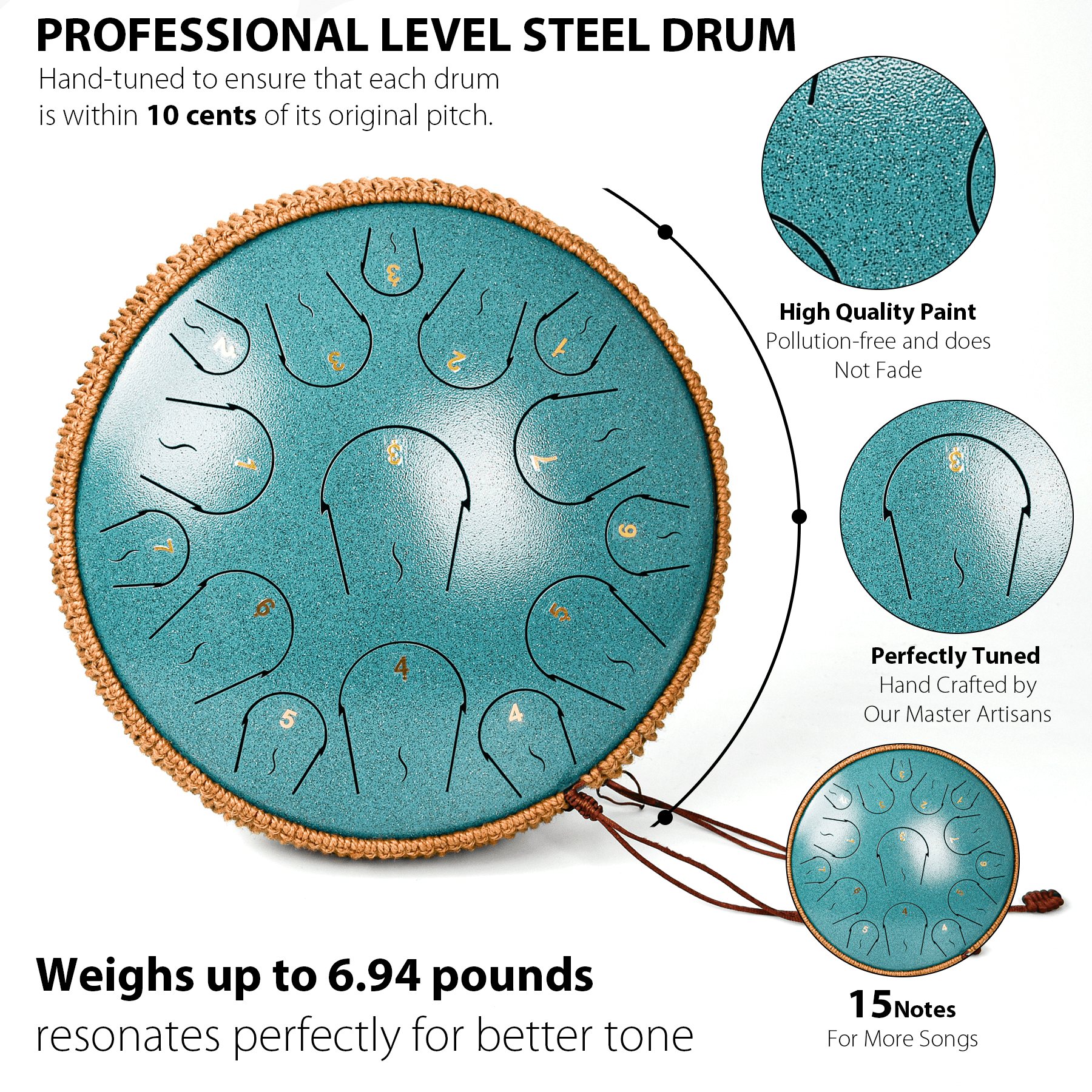 Lidguni 14" 15 Notes Rain Drum for Adults, C Major Tongue Pan Drums, Malachite Green