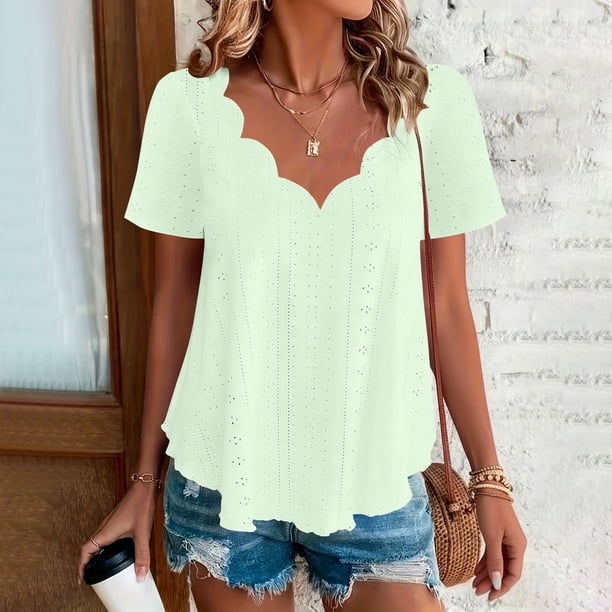 TaTaai Casual Breathable Women Top Solid Color Palace Lock Short Sleeve V Neck Relaxed Fit Soft Comfort Spring Summer Daily Casual Wear T Shirt Gift