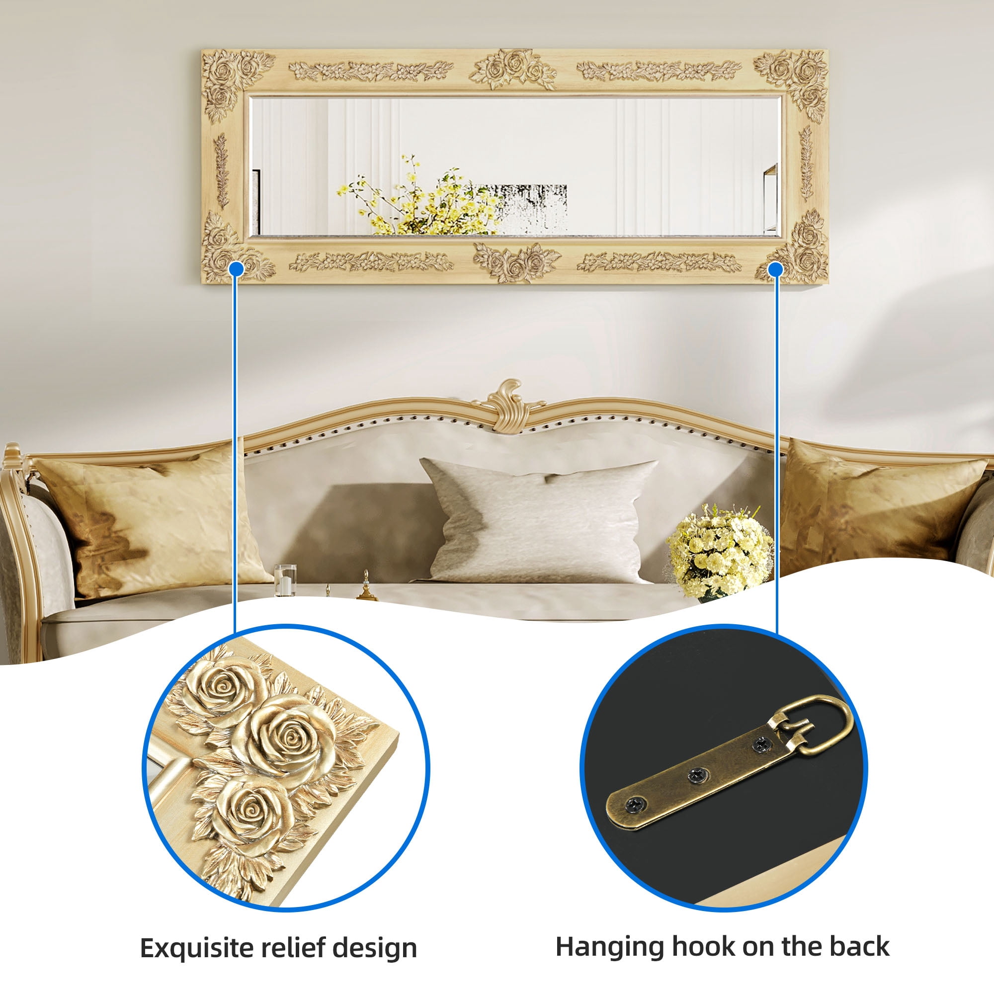 Dextrus 47"x18" Wall Mirror with Rectangular Wood Frame, Vintage Mirror, French Vanity Mirrors for Wall for Bathroom, Bedroom, Living Room, Gold