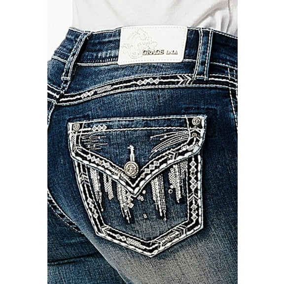 Grace in LA Women's Aztec Embroidered Faux Flap Pockets Bootcut Stretch Jeans (25, Blue)
