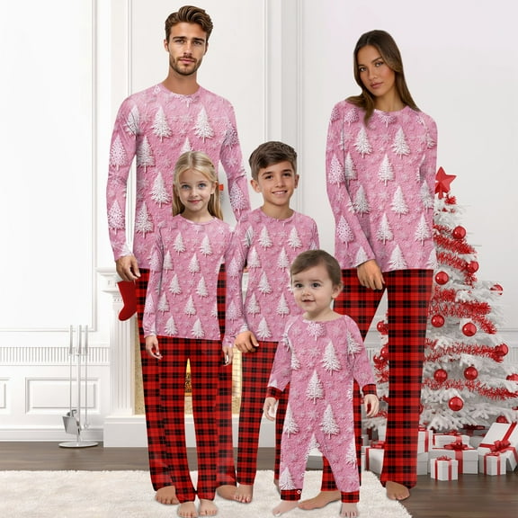 Onlypjs Matching Family Christmas Pajamas for Men, Women and Couples– Pink Holiday Tree Print Tops with Red Plaid Pants