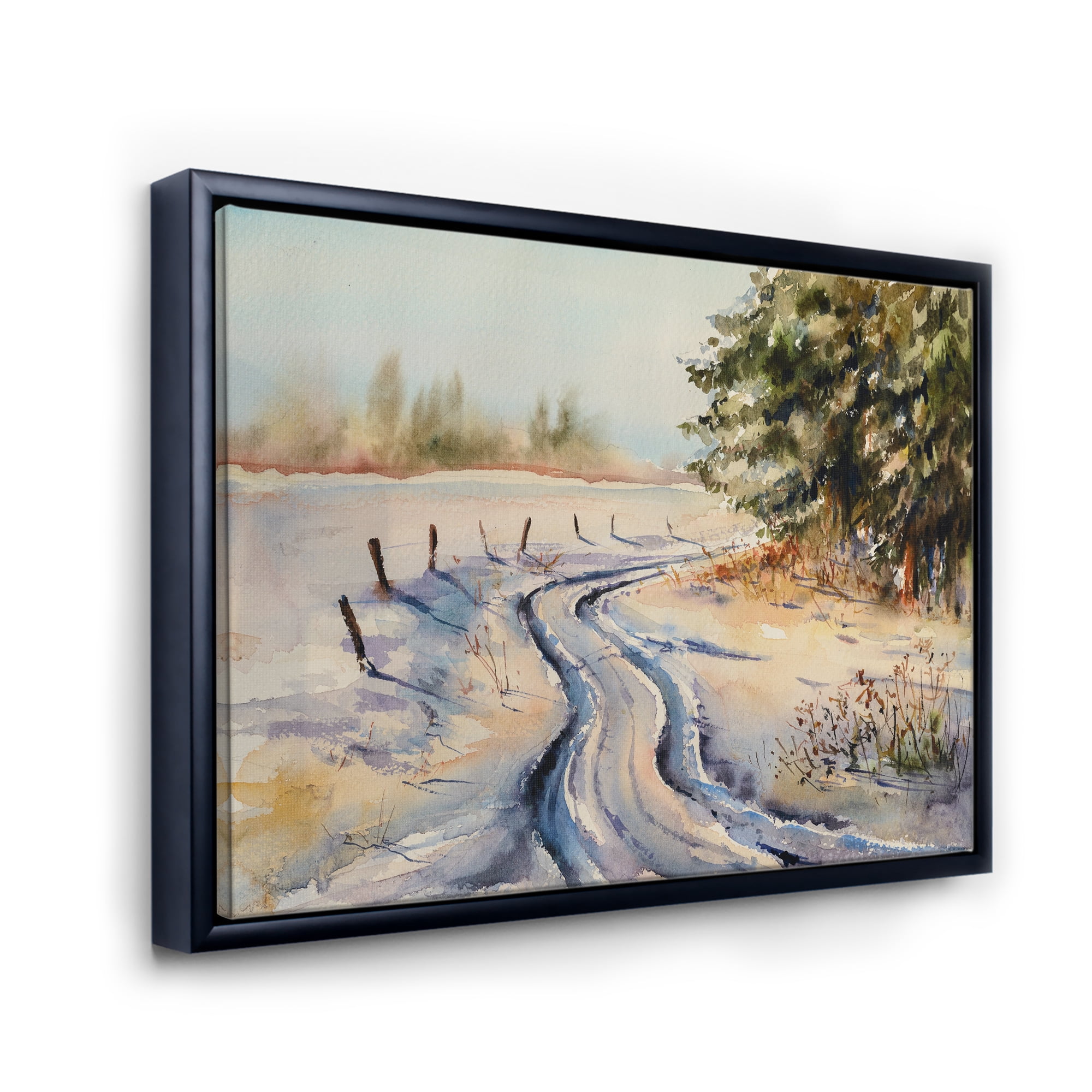 Designart 'Snowy Winter Forest Landscape Rural Road In Snow' Traditional Framed Canvas Wall Art Print