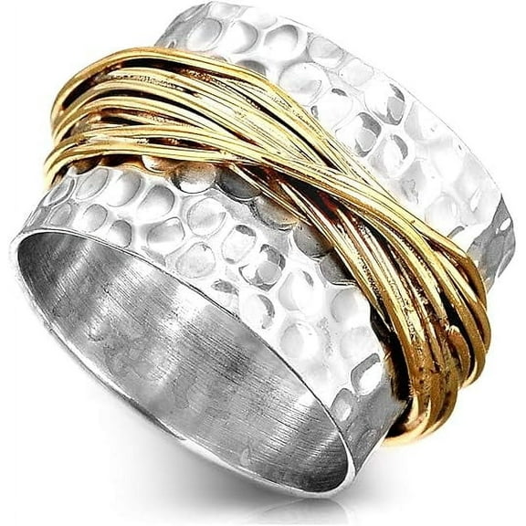925 Sterling Silver Band Ring for Women with Brass Wrap Wide Statement Ring