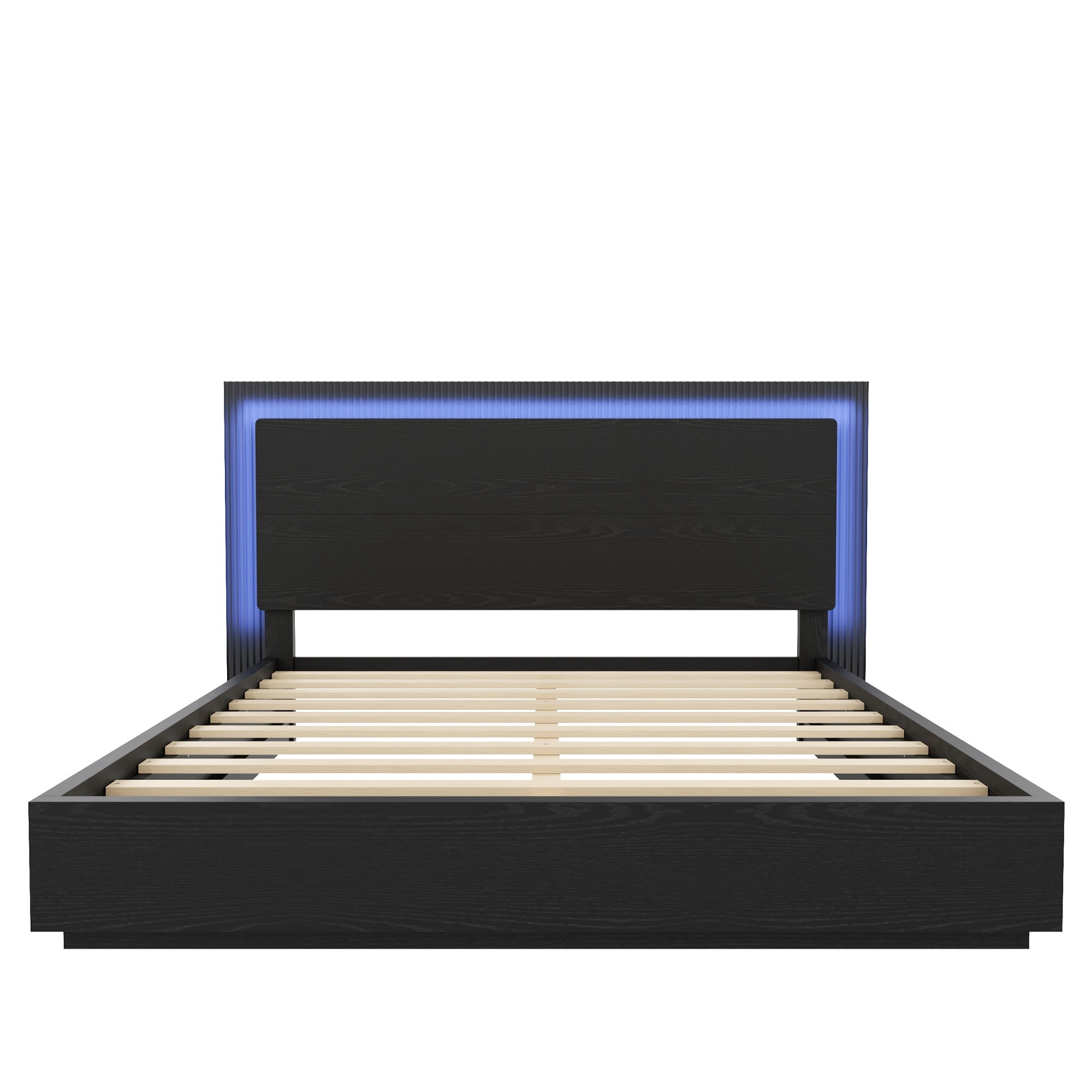 Euroco Wood King Size Platform Bed with LED Light Headboard, No Box Spring Needed, Black