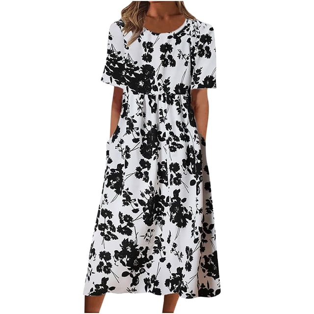 FAVIPT Robe pour Femmes Grande Taille Ample Confortable à Imprimé Floral Robes à Manches Courtes Col Ras du Cou Robe Plissée Décontractée Été 2025 Robes avec Poches à Fermeture Éclair Noir, TG