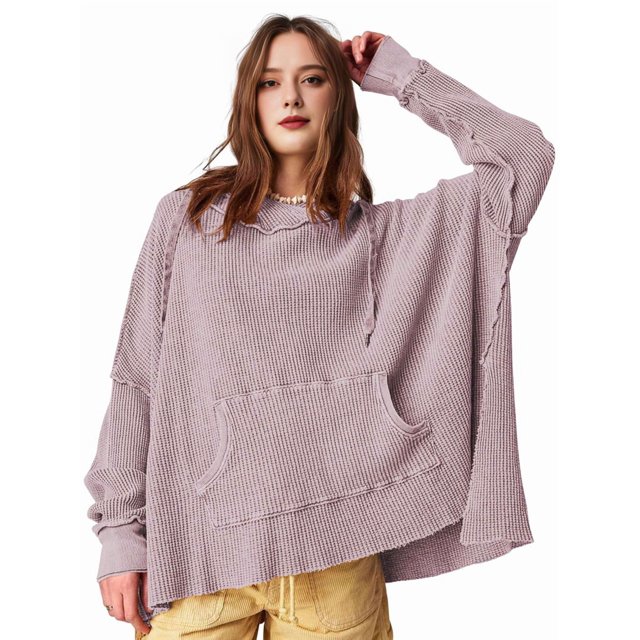 Sudadera con Capucha Extragrande para Mujer, Jersey con Mangas Murciélago y Cuello Redondo, Jersey con Diseño de Gofre Rosa Púrpura L