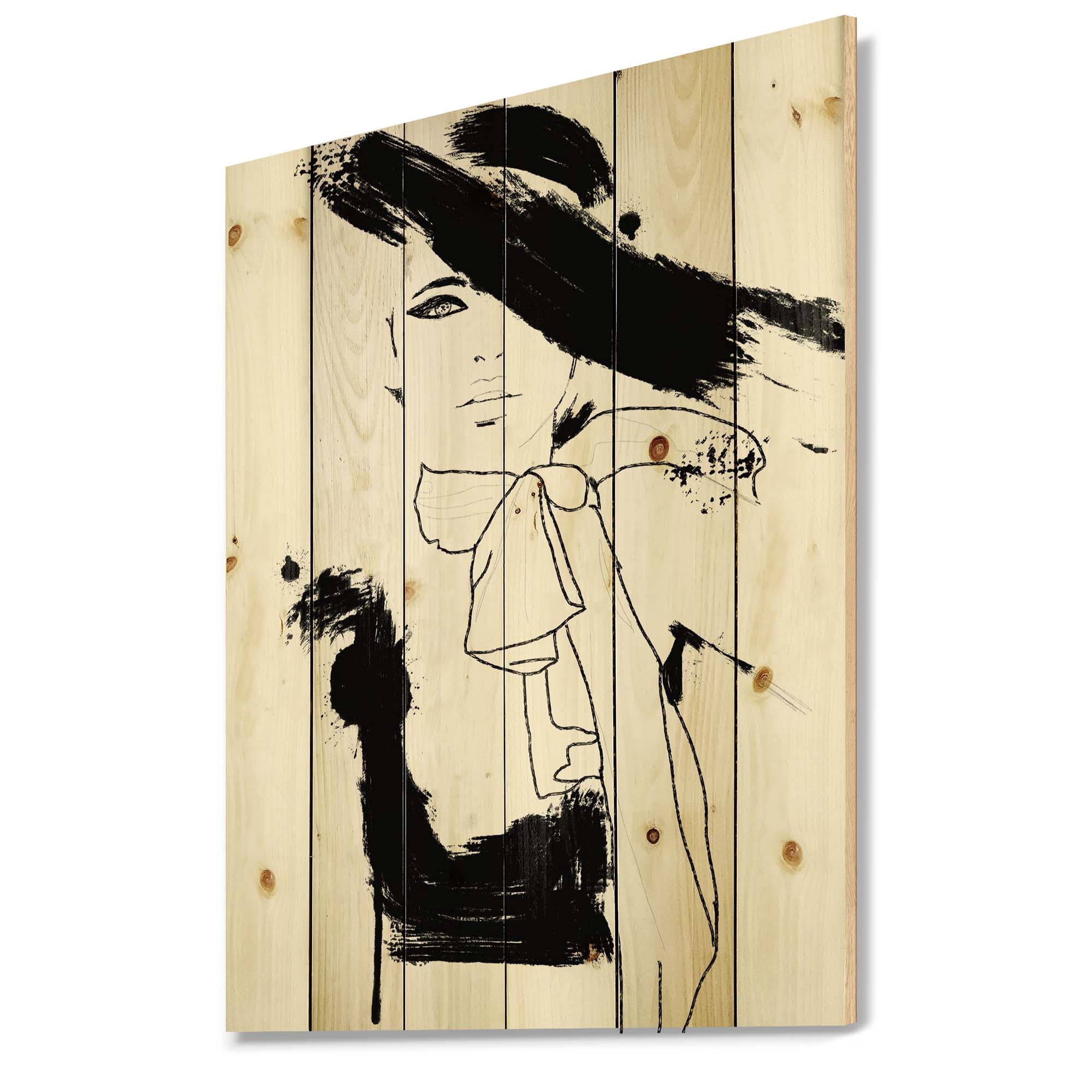 Designart 'Beautiful Black and White Model Haute Couture Fashion Woman II' Modern Print on Natural Pine Wood