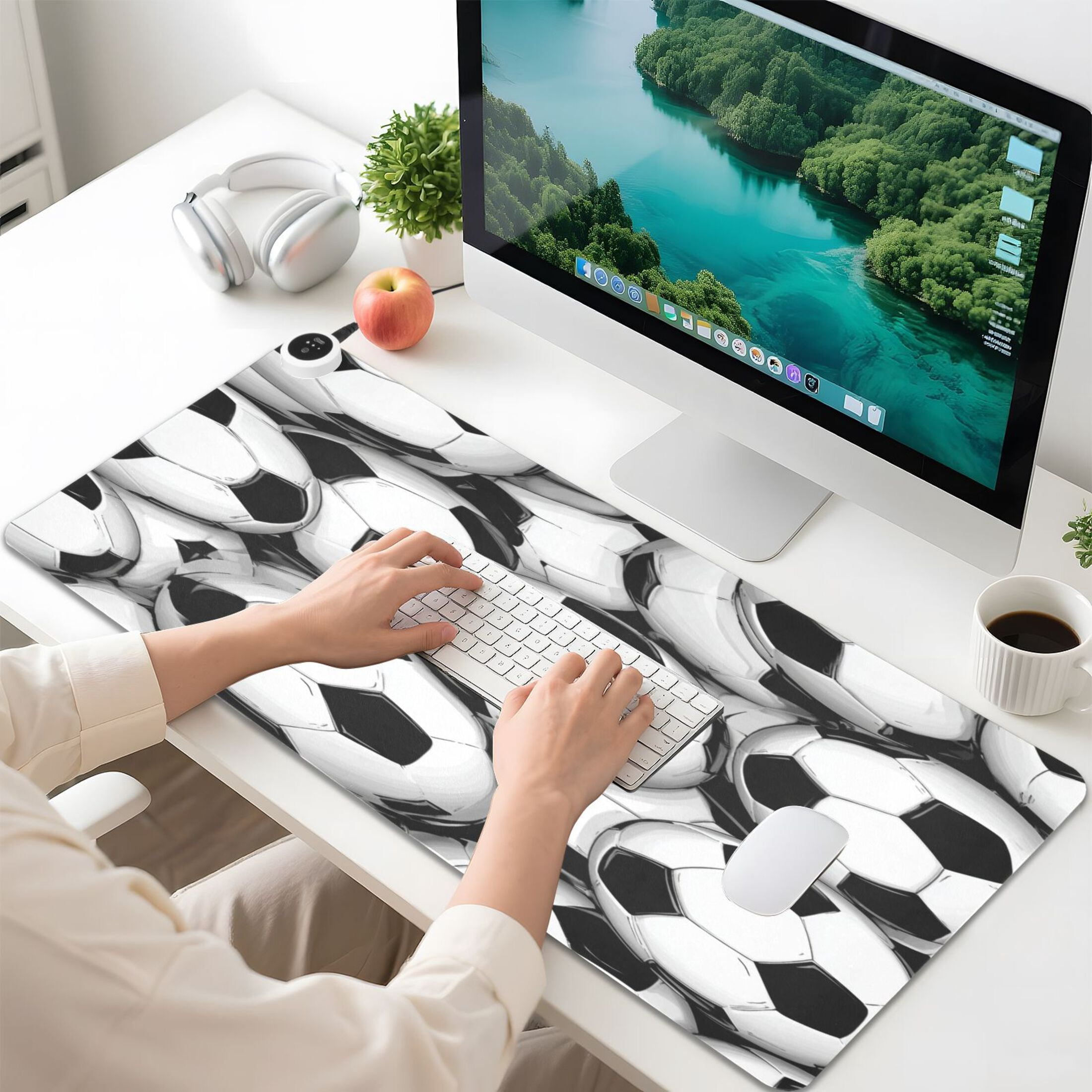 Large Heated Desk Mat Mouse Pad 31.5"x13"PU Leather Graphene Heating Desk Warmer with 3 Temperature Settings 110V US Plug Non-Slip Warm Pad for Home, Office, and Gaming Classic Soccer Tile Pattern