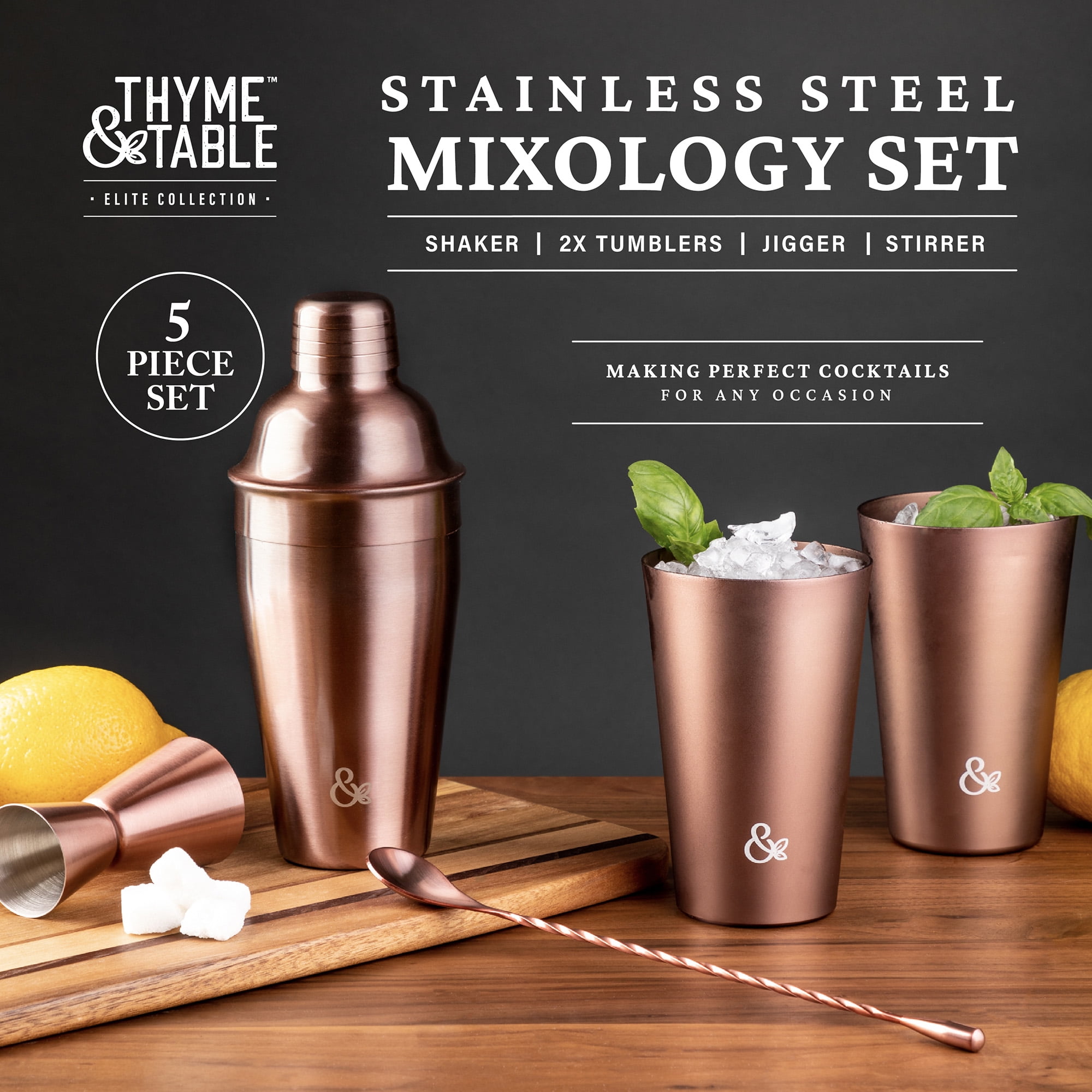 Thyme & Table Stainless Steel Mixology Bar Kit, Rose Gold, 5 Piece Set