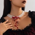 thumbnail image 2 of NICKSUN Women Multi‑Strand Imitation Pearl Statement Necklace, Floating Red Bead Tassel Neck Collar, Gothic Beaded Costume Jewelry for Halloween Cosplay Evening Party, 2 of 9