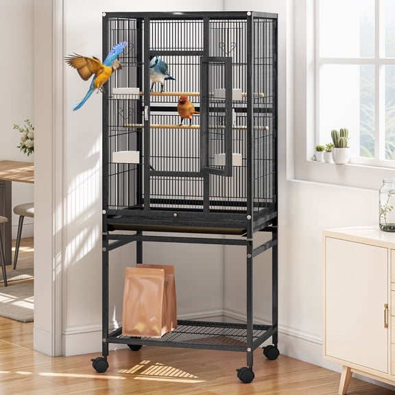 Uforic 53" Metal Bird cage with Rolling Stand, 2 Perches and 4 Feeders, Black