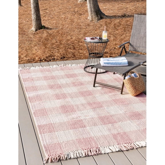 Unique Loom Eco Plaid Indoor Outdoor Washable Collection Area Rug - Balmoral (9' x 12' Rectangle Pink/Ivory)