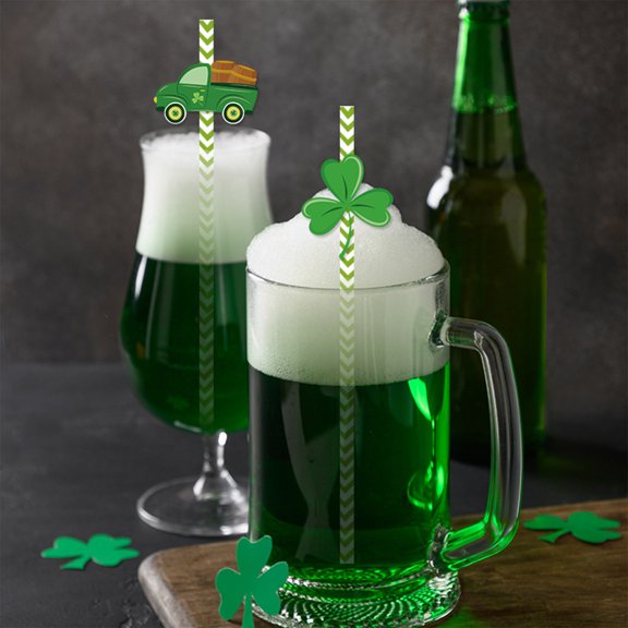JingChun 24Pcs St. Patrick's Day Paper Straws Foil Green Drinking Straws with Lucky Shamrock Hat Disposable Stripe Straws for Irish Holiday Beverage Cocktail Birthday Party Supplies