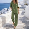 thumbnail image 4 of YABCSAZ Women's Cotton Linen 2-Piece V-Neck Top and Wide Leg Pants Set Casual Summer Outfits Lightweight Breathable Loose Fit Two Piece Set Green, Gifts for Women, 4 of 8