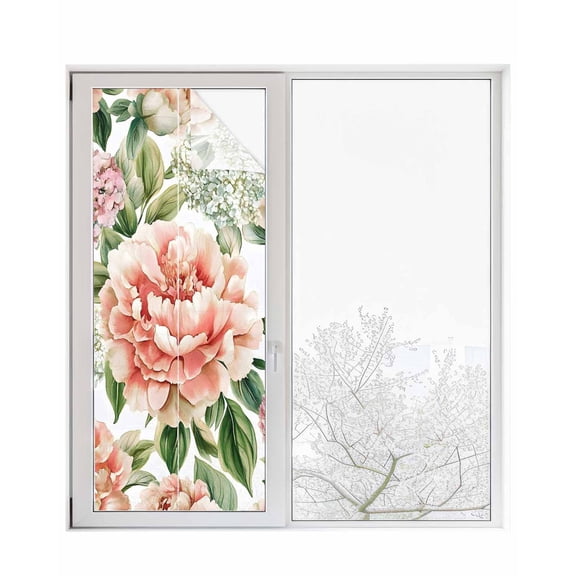 Window Privacy Film Pink Peony Hydrangea Stained Glass Window Film Decorative Sun Block Window Cover Spring Botanical Floral Window Clings Static Adhesive Sticker for Bathroom 29.5"x78.7"
