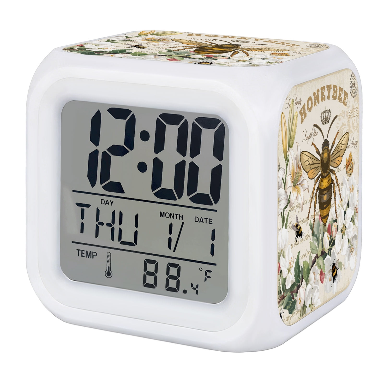 HONEYBEE Alarm Clock, Bees Turquoise Farmhouses Antique Letters Digital Clock Night Light with 7 Color, Calendar Temperature Display, LED Desk Small Clock for Bedrooms Bedside Living Room