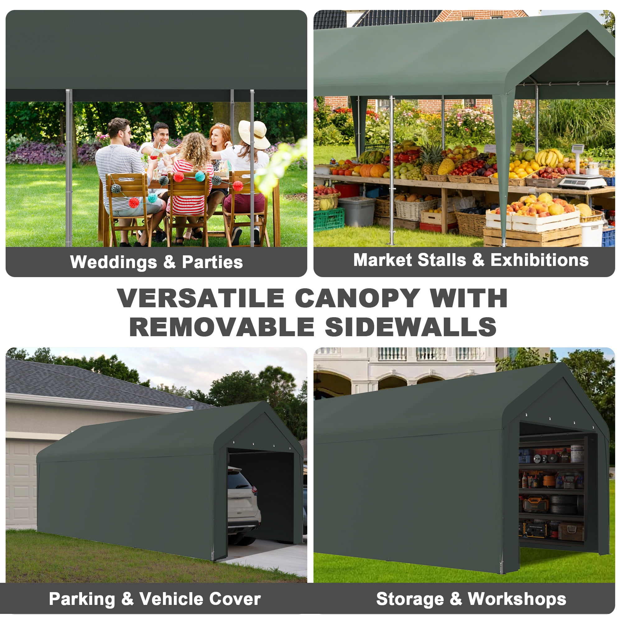 Outdoor Carport 10' x 20' Portable Garage Car Shelter Shade with Removable Sidewalls & Doors, Carport Canopy with Powder-Coated Steel Frame for Outdoor Party, Birthday