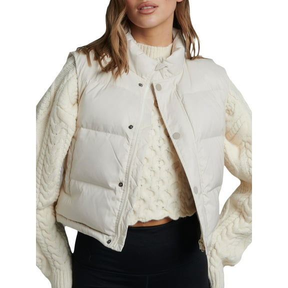 Women Puffer Vest Solid Color Stand Collar Lightweight Sleeveless Zipper Crop Waistcoat Padded Gilet Coat
