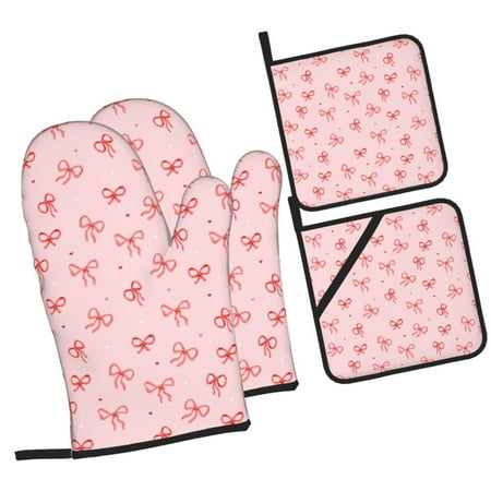 

Fotbe Pink Bows1 for 4Pcs Oven Mitts and Pot Holders 500℉ Heat Resistant Oven Mitts Non-Slip Silicone Surface Safe for Baking Cooking BBQ
