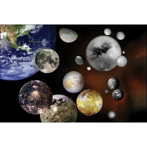24"x36" Gallery Poster, major moons of our Solar System size relative to Earth