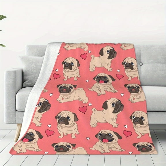 Reversible Pink Pug Blanket – Cozy Flannel Throw with Adorable Cartoon Pugs and Hearts, Ideal for Couch, Bed, Travel, and Camping – Machine Washable, All-Season Comfort