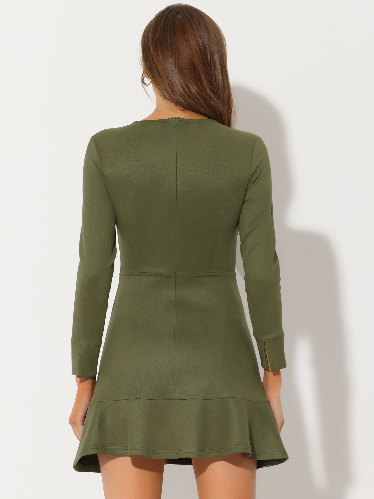 Unique Bargains Women's Faux Suede Ruffle Hem Long Sleeve Mini Dresses XL Army Green
