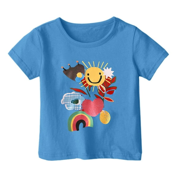 Suilloe Toddler Girls T Shirts Lovely Smiling Face Print O-Neck Short Sleeve Top Kids Girls Fun And Vibrant Designs Summer Tees，8 -9 Years