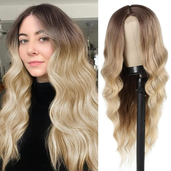 Little Lace Gradual Color Long Curly Hair Wig with Natural Medium Part Wavy Synthetic Headwear for Women