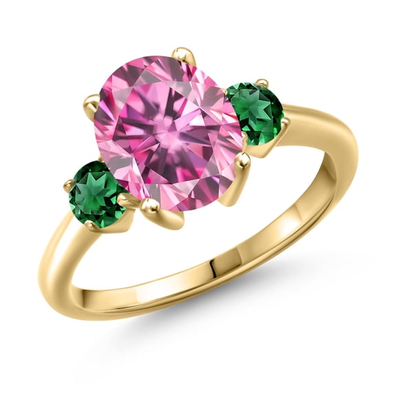 Gem Stone King 18K Yellow Gold Plated Silver Ring Oval Pink Moissanite and Nano Emerald Green (3.42 Cttw, Size 6)