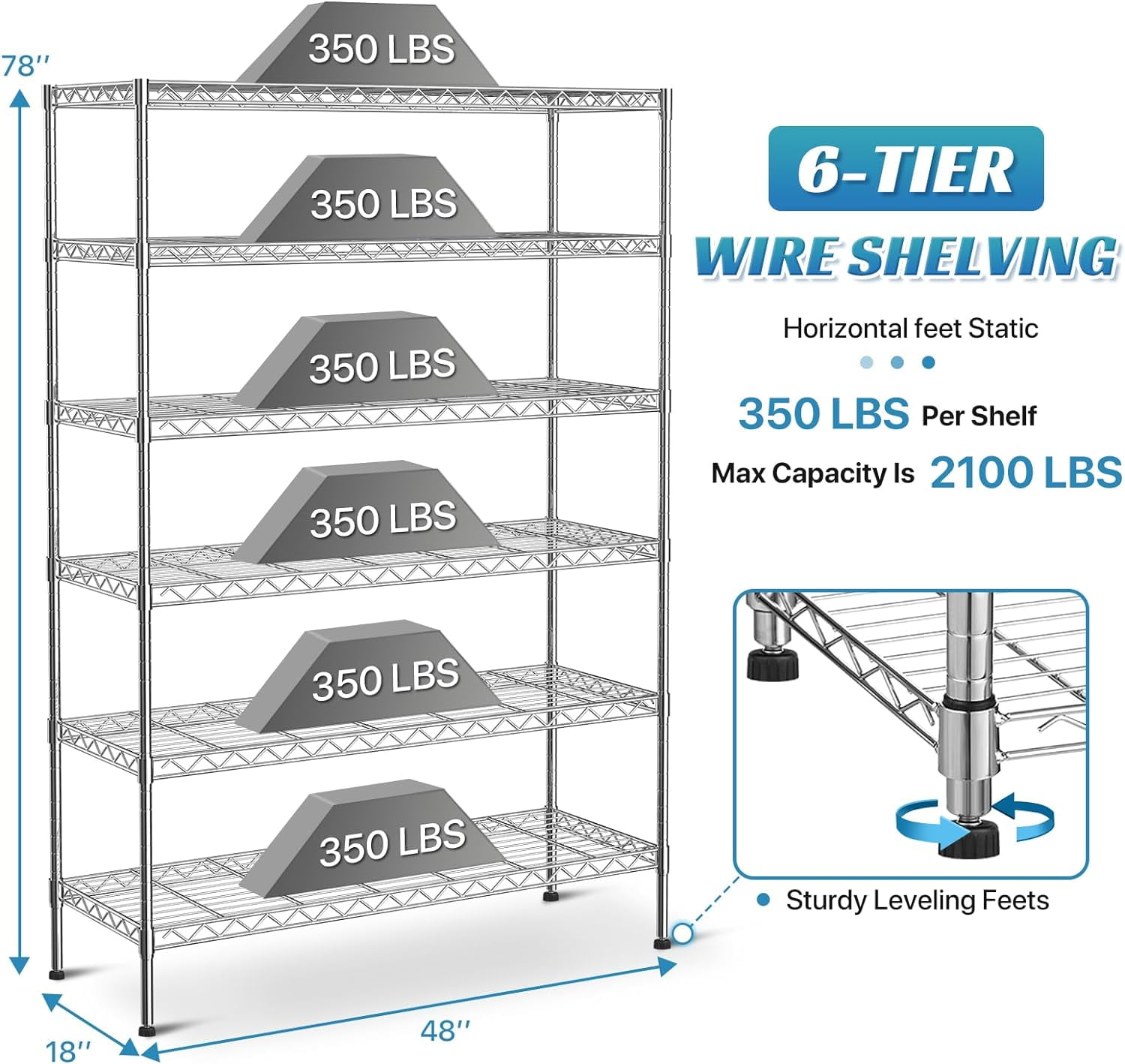 6 Tier Wire Shelving Storage Shelf Shelves Unit, Capacity 2100lbs Adjustable Rolling Metal Racks with Wheels, Metro Heavy Duty for Garage, 45" D x 18" W x 82" H, Chrome