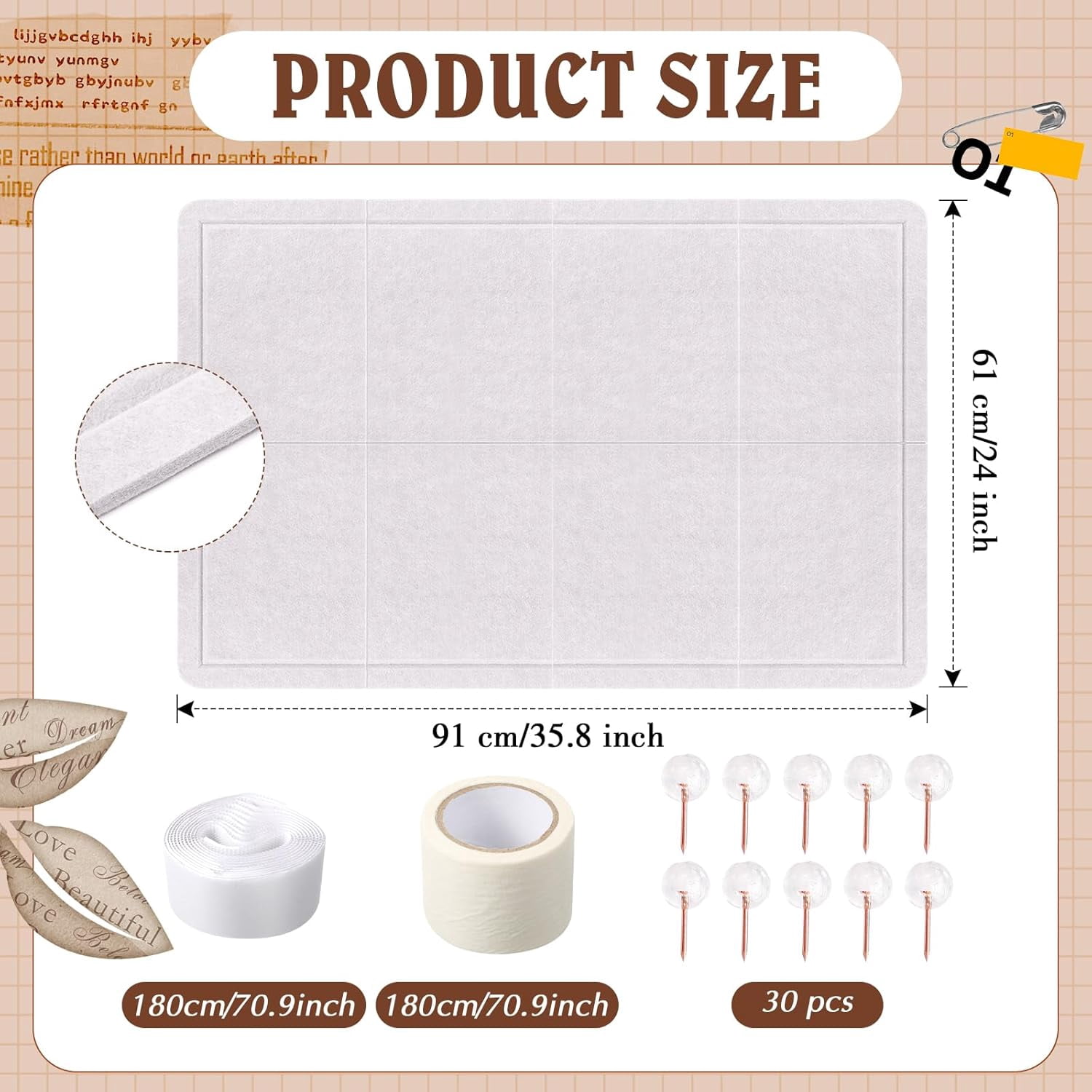 Large Beige Felt Bulletin Board 36 x 24 Alternative-9" x 12" 8 Pcs Felt Board Tiles for Wall Adhesive Bulletin Cork Board with Textured Paper, Sticker, Clear Round Pins for School Office