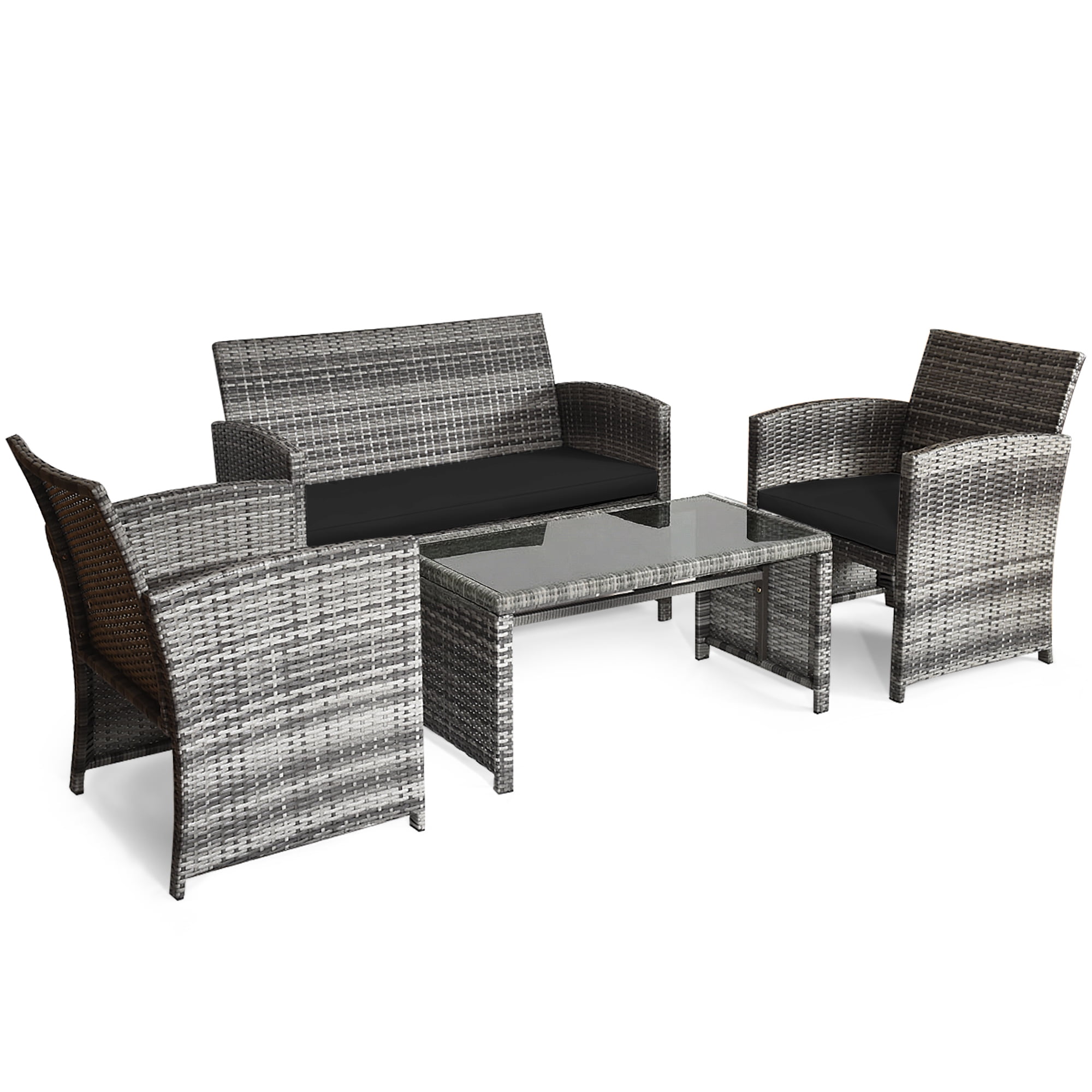 Costway 4PCS Patio Rattan Furniture Set Conversation Glass Table Top Sofa Cushioned, Black