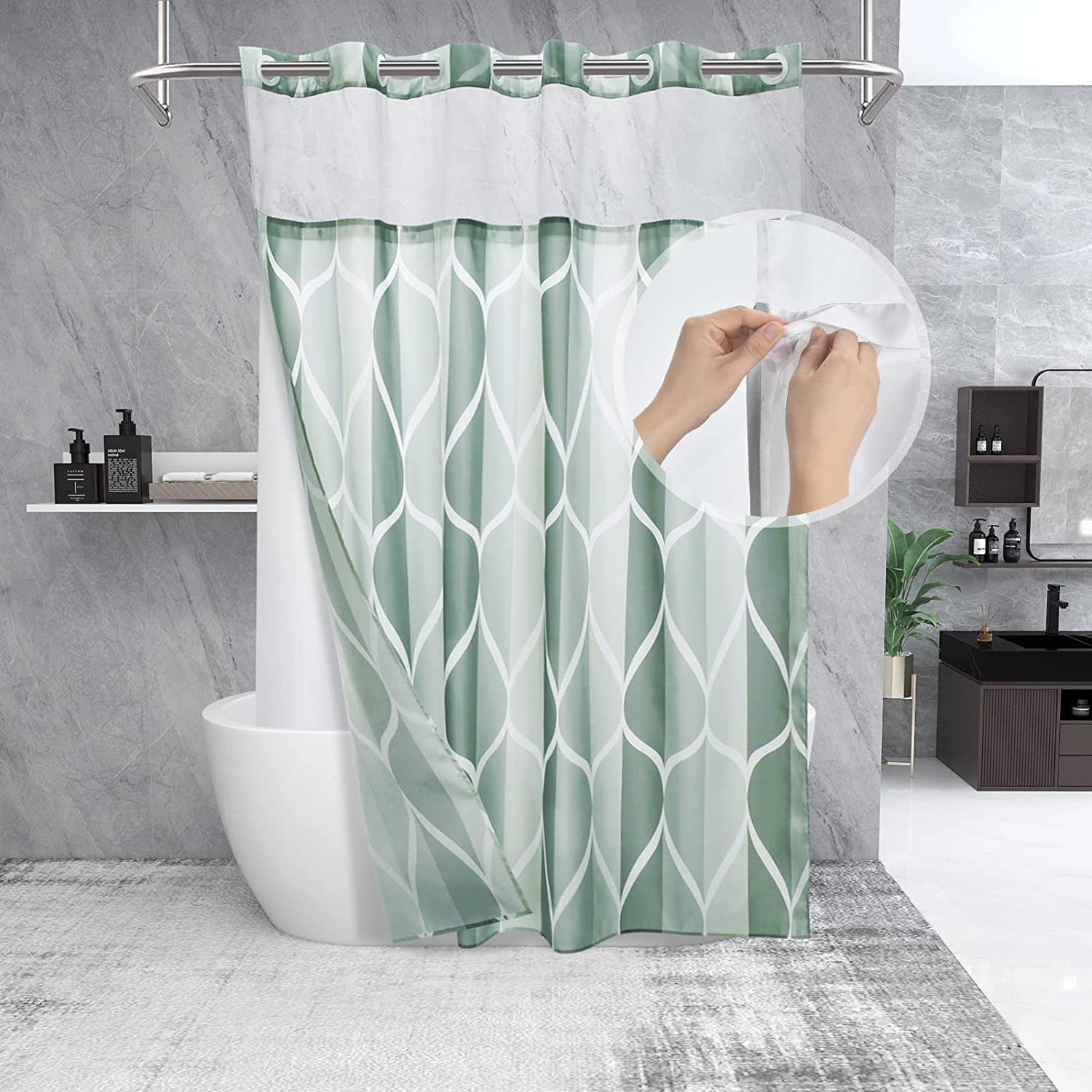 Hookless Dark Green Long Shower Curtain with Snap in Fabric Liner Set