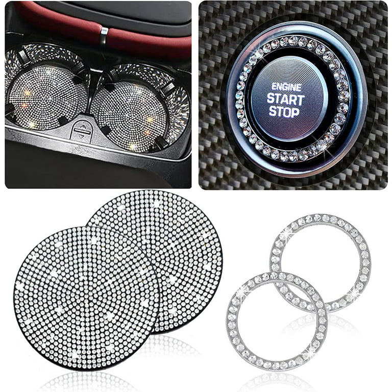 2pcs Bling Car Cup Holder Coasters & 2pcs Push Start Button , 2.75 inch Anti-Slip  Shockproof Universal Vehicle Coasters Insert, Bling Car Interior Accessories  for Women Suits for Most Cars (White) 