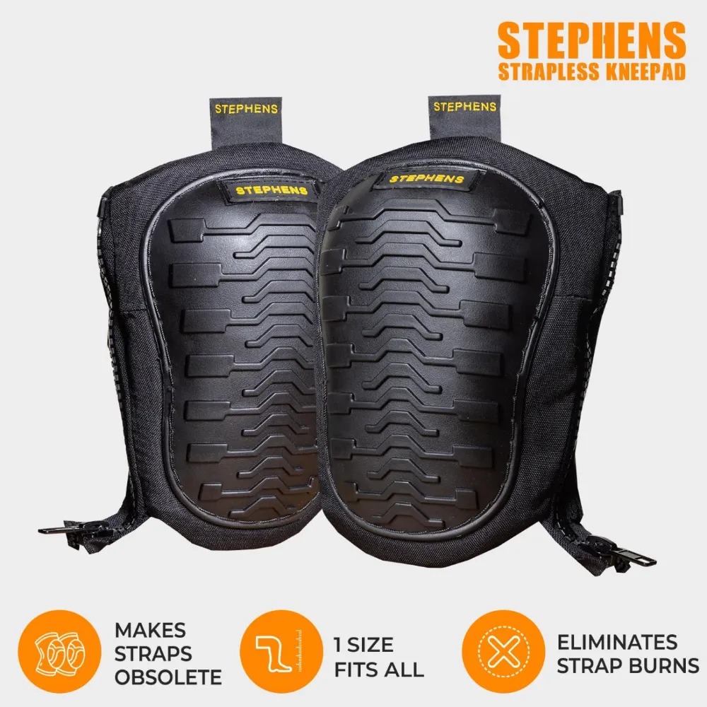 Stephens Strapless Kneepads for Construction - Heavy Duty Soft Cap Design for Work | Safety Work Gear | Flooring | Roofing | Gardening | Protective Equipment-Non-Slip Strapless-Black