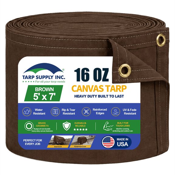 TARP SUPPLY Inc. 5' x 7' Heavy Duty Waterproof Brown Canvas Tarp | Rustproof Brass Grommets | 16 oz Durable & Breathable Multipurpose Tarpaulin for Canopy, Car, Equipment & Outdoor