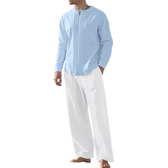 Gamivast Men's 2 Piece Lounge Set Long Sleeve Pleated Front Henley Shirt and Loose Fit Wide Leg Pants Breathable Soft Cotton Linen Blend Casual Outfit Set