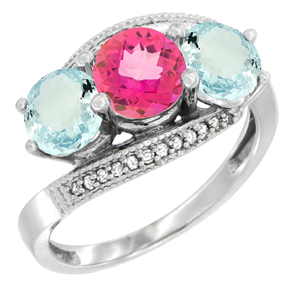 14K White Gold Natural Pink Topaz & Aquamarine Sides 3 stone Ring Round 6mm Diamond Accent, size 5 by Gabriella Gold
