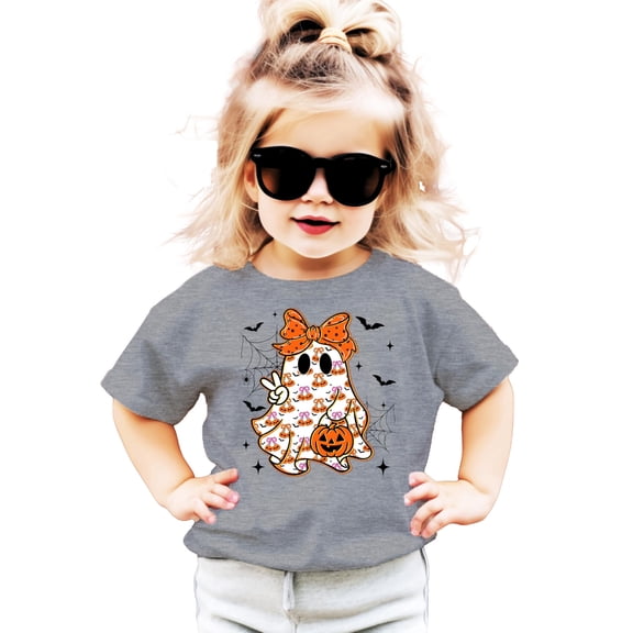 Girly Ghost & Orange Bow Shirt for Kids and Toddlers Cute Halloween Graphic T-Shirt Granite Heather Shirt Youth Small