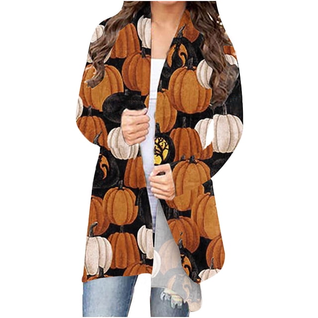 Camiseta de manga larga para mujer, cárdigan de otoño, cárdigan suelto, camisa estampada, cárdigan, Top, cárdigan de Halloween, camisa Fridja hkj2563