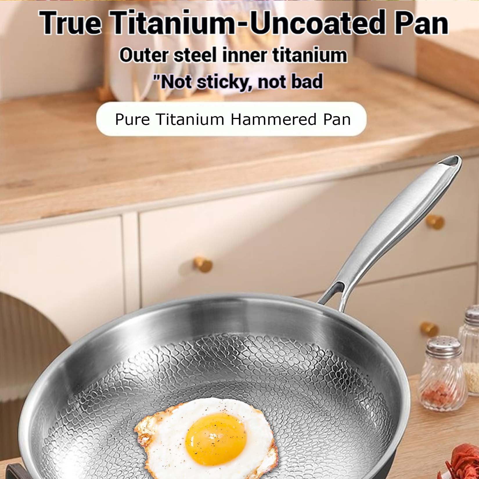 Pure Titanium Hammered Pan Pro, TITAnium Frying Pan for Cooking, Pure Titanium Wok with Lid, Non-Stick Nutri Pans, Scratch-Resistant, Dishwasher Safe, Compatible All Stovetops (With lid, L)